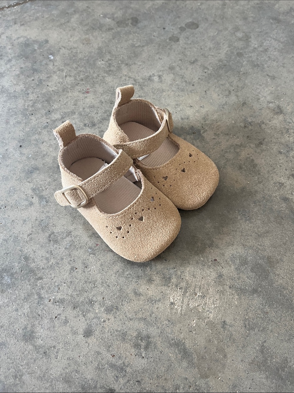 BearPaw Tan Mary Jane Baby Shoes with Heart Cutouts